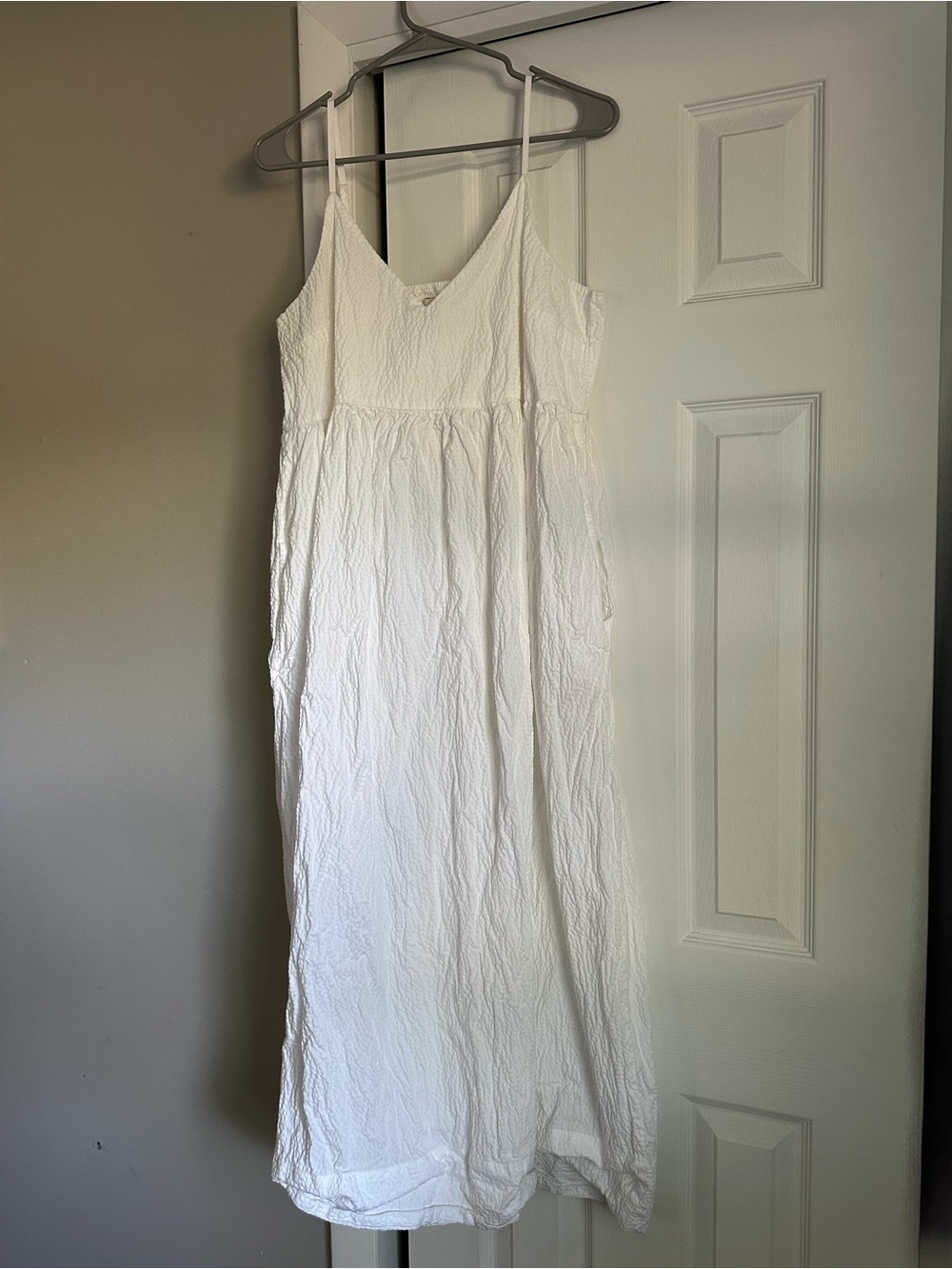 White Seersucker Spaghetti Strap Maxi Dress